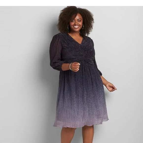 Lane Bryant | Dresses | Lane Bryant 6 Midi Dress Metallic Ombre Long  Sleeves Navy Purple Vneck New 16w | Poshmark